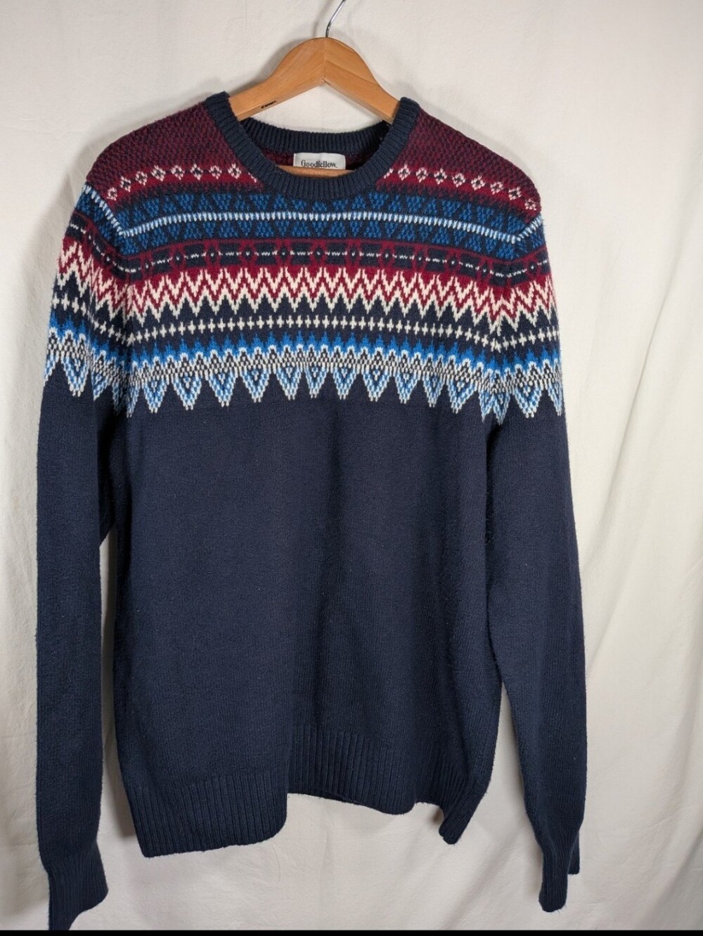 Goodfellow & Co Mens Fair Isle Holiday Crewneck Pullover Sweater  Navy Blue Sz L